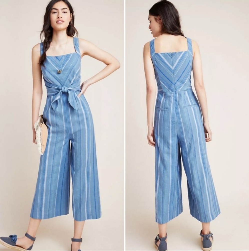 Anthropologie Laguna Striped Linen Jumpsuit Textured Tie-Waist NWT